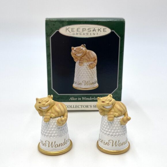 2 1998 Hallmark Alice in Wonderland Cheshire Cat Thimble Miniature Ornaments #4 - Picture 1 of 7